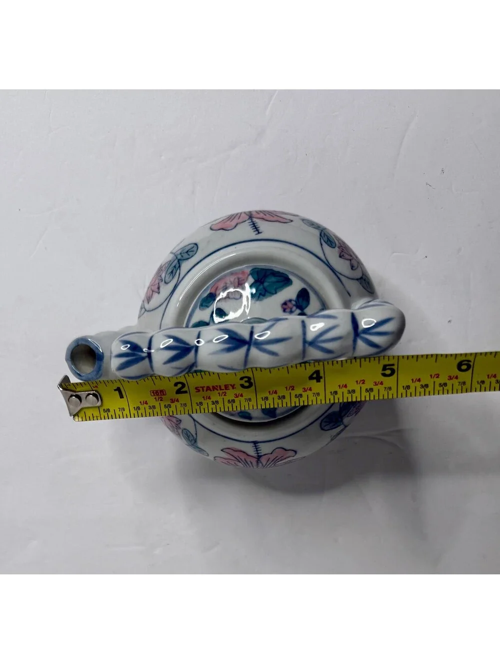 Vintage Asian Style Floral Porcelain Teapot Bamboo Style Handle